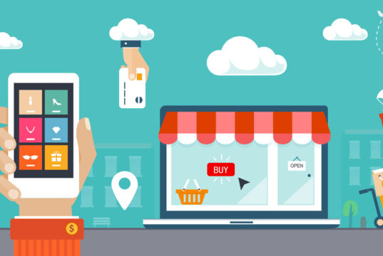 Flat design vector illustration. E-commerce, shopping & delivery