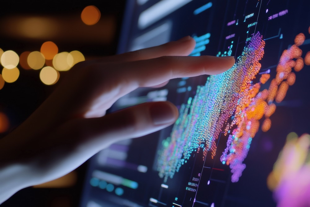 Software engineer working late at night analyzing colorful data points on computer screen
